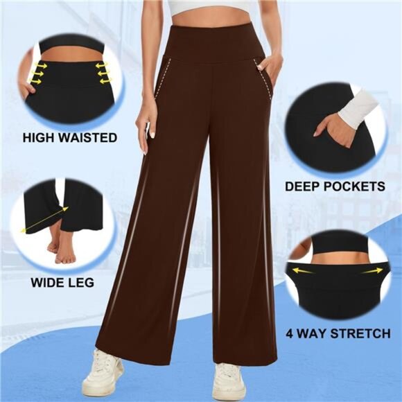 3 Pack Women's Wide Leg Pants with Pockets High Waist Loose - Picture 6 of 6